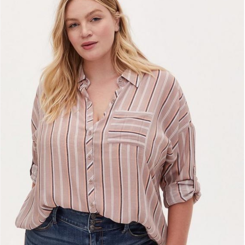 TORRID | Striped Shimmer Button Up Shirt Roll Sleeves